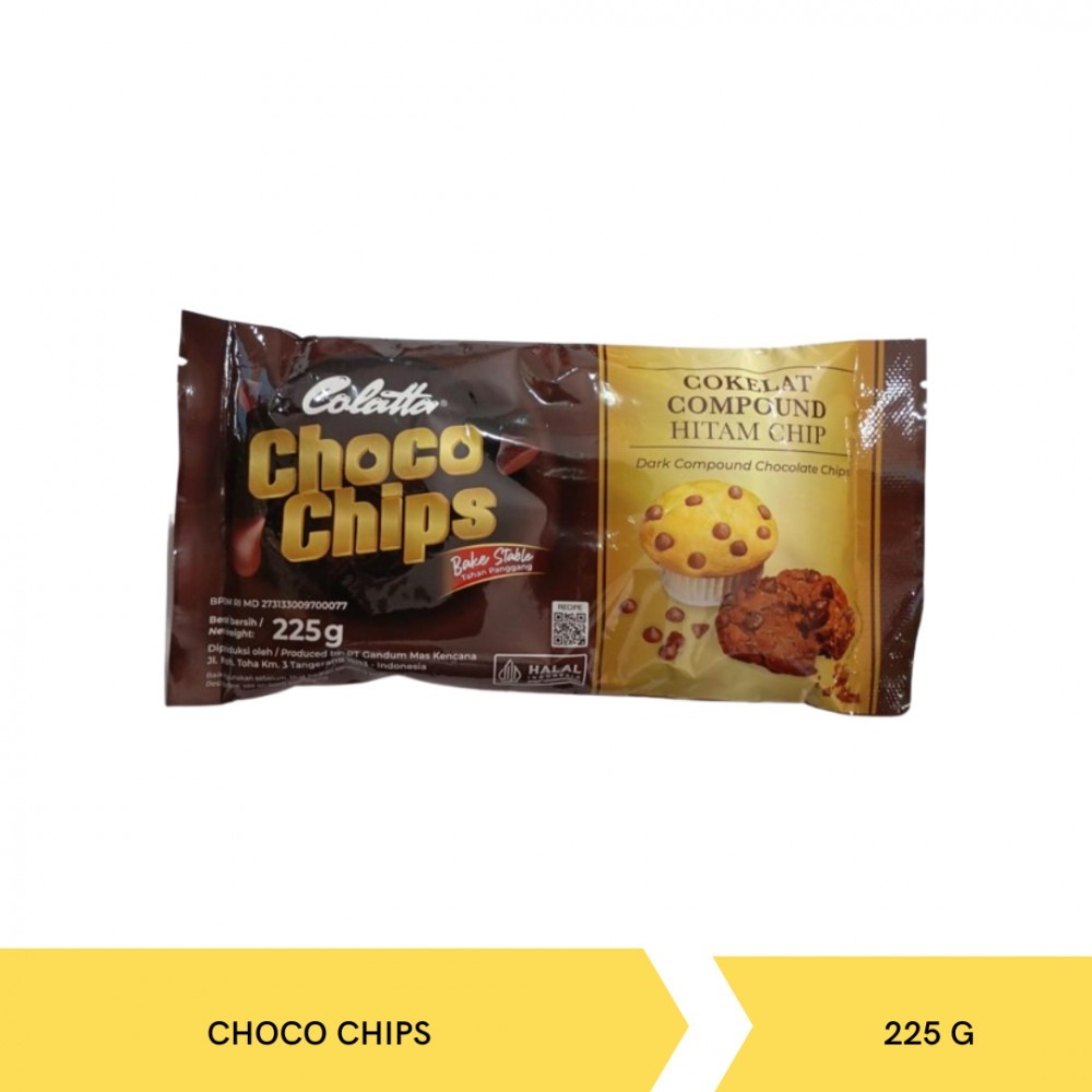 

COLATTA CHOCO CHIPS BAKESTABLE 225GR/CHOCOLATE CHIPS YANG COCOK TAHAN PANGGANG DITABURI DG RASA COKLAT YANG KHAS