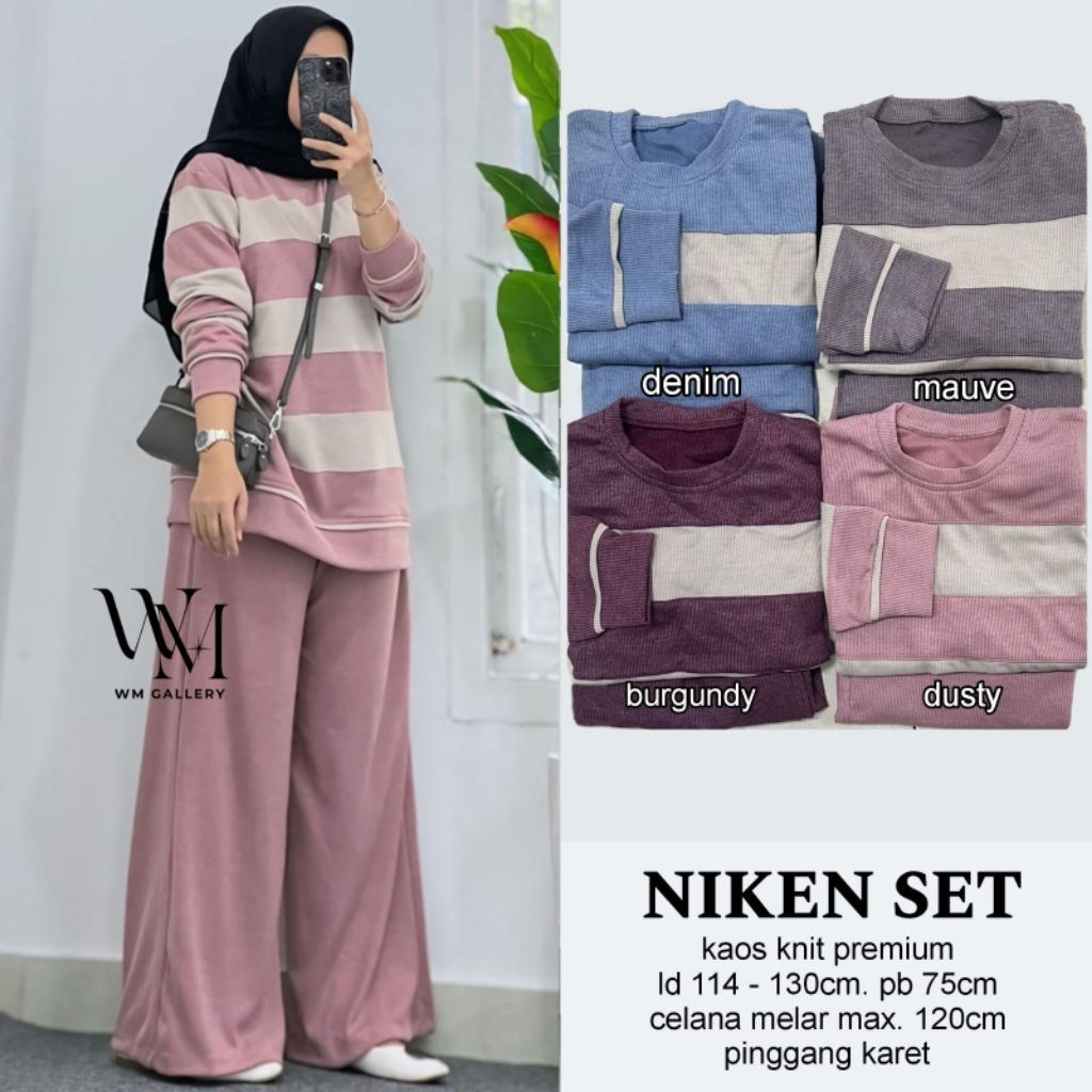 Setelan wanita jumbo Niken set bahan kaos knit premium Ld114-130cm celana pinggang karet