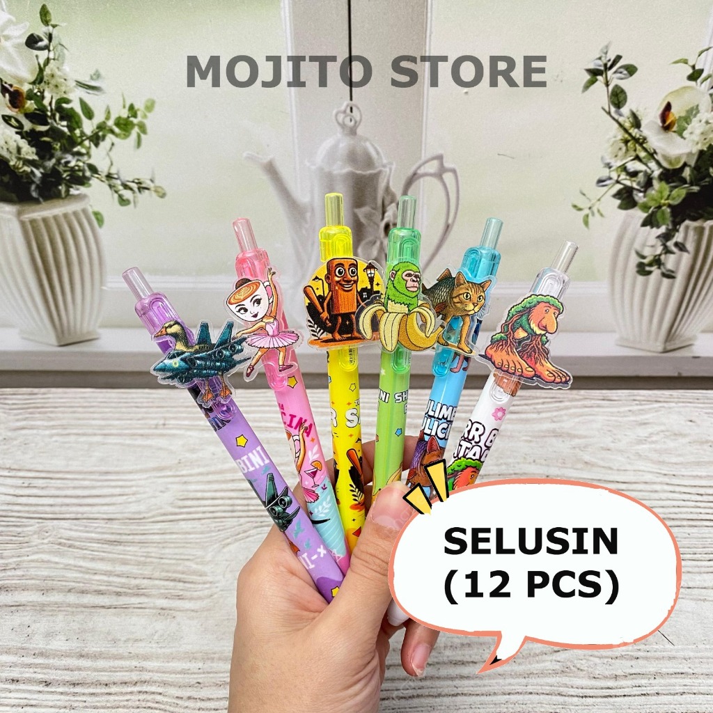 

(12 PCS) PEN AKRILIK ANOMALI BRAINROT PENA BOLPEN TUNG SAHUR BALERINA CAPUCINO BOMBARDILO PULPEN