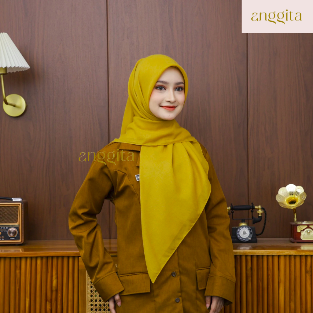 ANGGITA Jilbab PNS Mustard Segiempat Paris Premium Hijab Dinas Khaki Muda Kerudung ASN