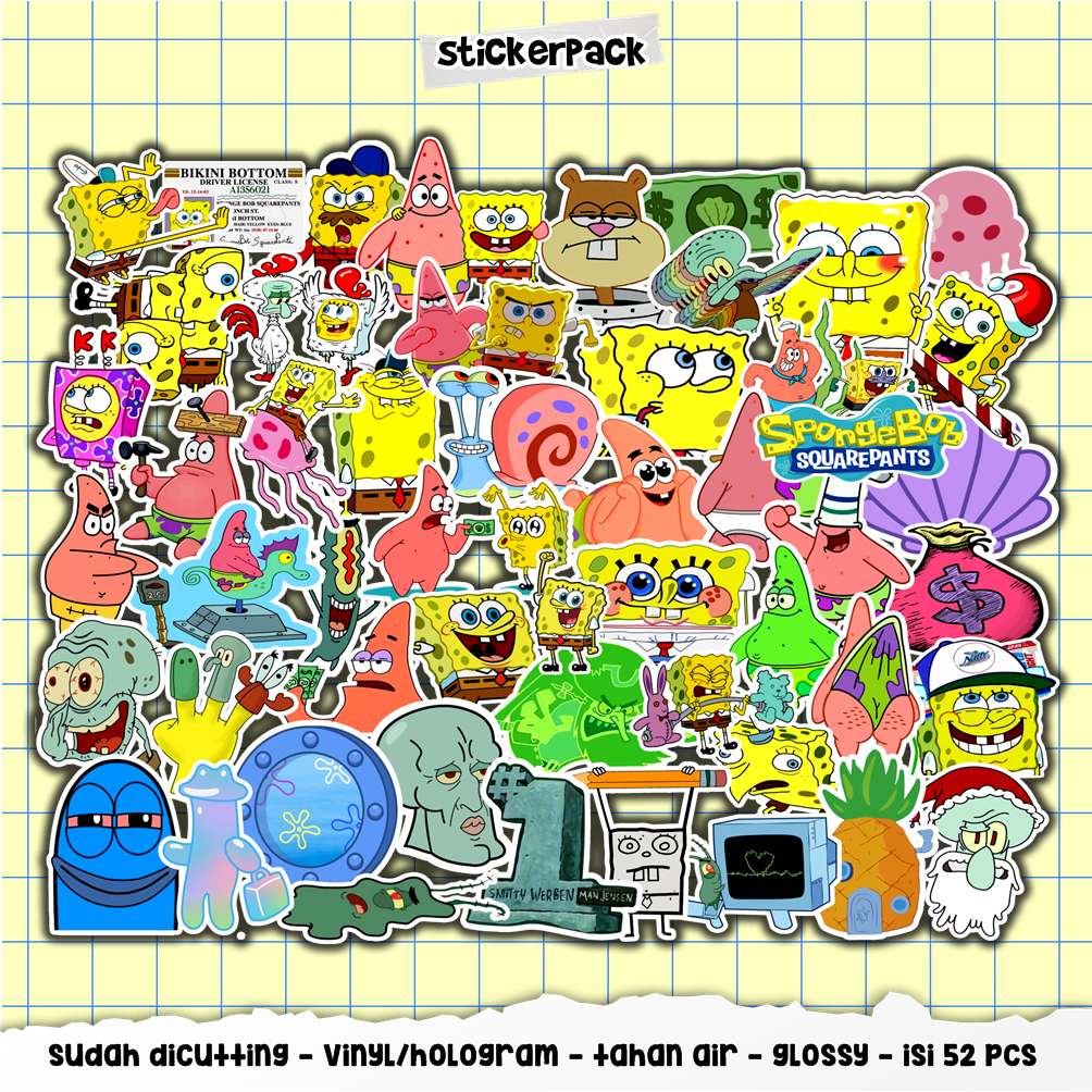 

stickerpack spongebob series isi 52pcs, stiker vinyl & hologram tahan air