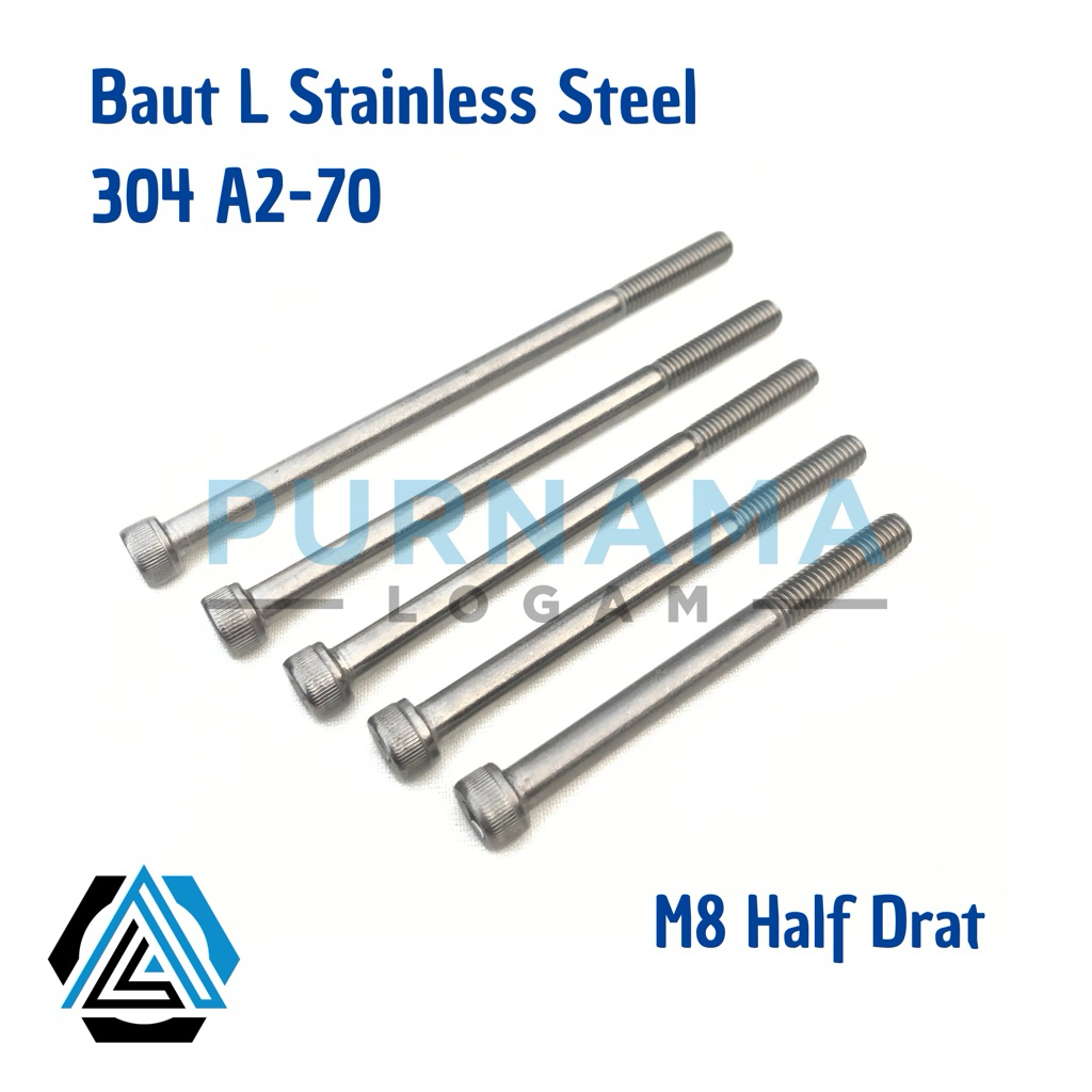 Baut L M8 x 90 HALF DRAT ( Panjang 9cm ) Stainless 304 THE A2-70/ Drat 10/ Kunci L6