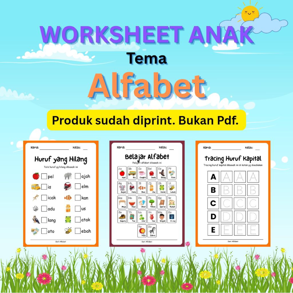 

Worksheet Anak Tema Alfabet - 50 Lembar Kerja Berwarna untuk Anak PAUD TK SD - Bukan PDF - Kertas Ukuran A5 Tebal 80 Gsm