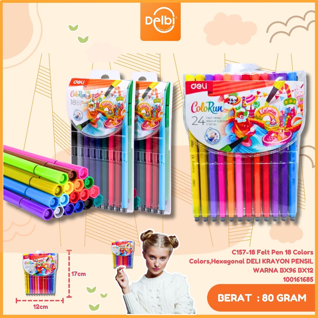 

SPIDOL FELT PEN DELI COLORUN 12W/24W C157-18 Felt Pen 18 Colors 18 Colors,Hexagonal