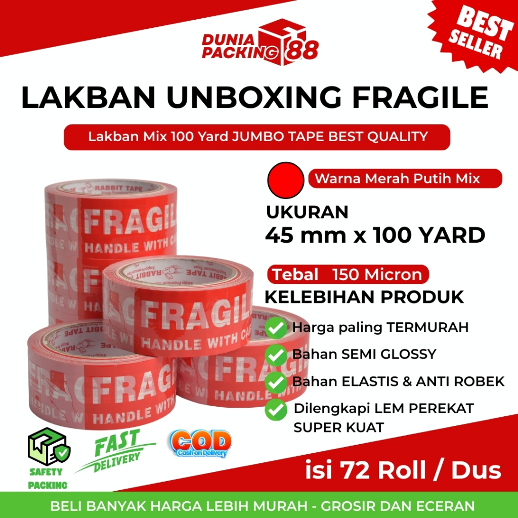 

Lakban Unboxing Fragile Mix 45 mm x 100 Yard RABBIT TAPE [Dunia Packing88]