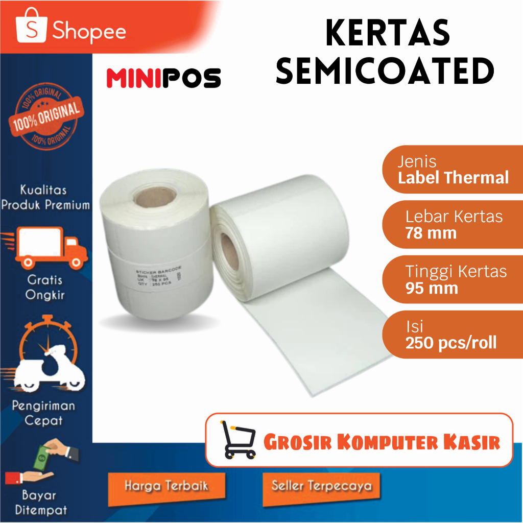 

Label Semicoated 78x95 mm isi 250 pcs | Label thermal stiker printer | Kertas label 78x95