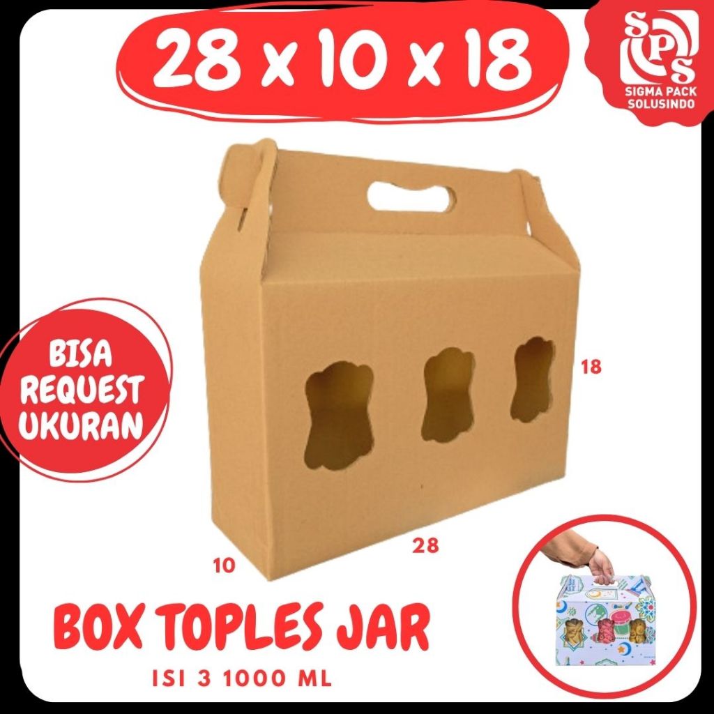 

Box 28x10x18 Jinjing (KUKER TOPLES JAR 1000ml Isi 3) Gable Box Kardus Kue Kering / Idul Fitri /Hampers / Lebaran / Gable Box Polos/Motif