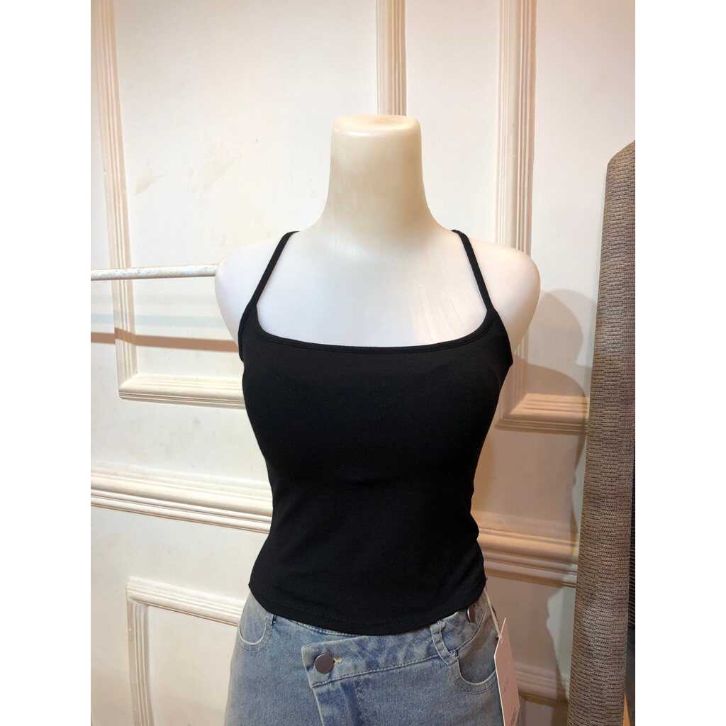 Tanktop wanita Tali Kecil Elastis Tanpa Kawat With Bra Cup Black