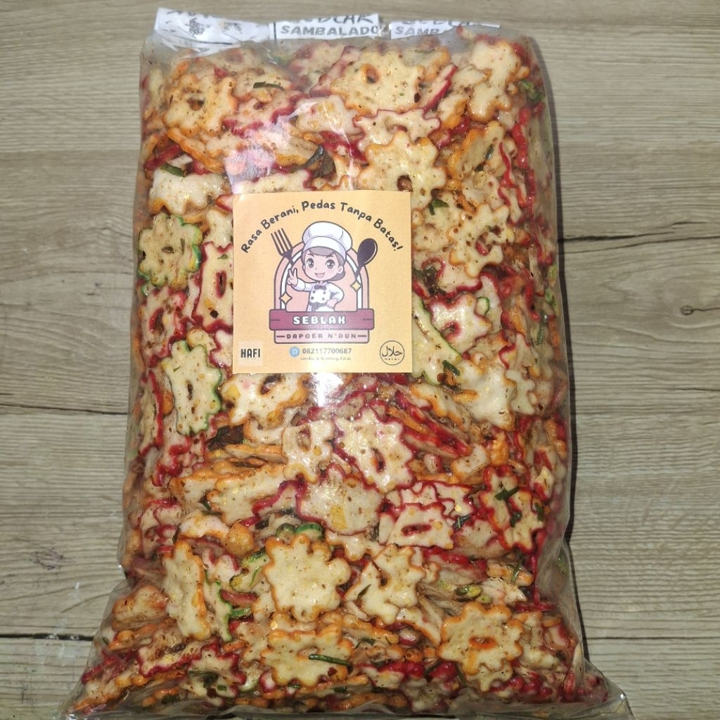 

Seblak pedas kering 900 gr/kerupuk bunga/kerupuk bintang/chili oil/renyah/gurih/cemilan enak/kerupuk warna warni/