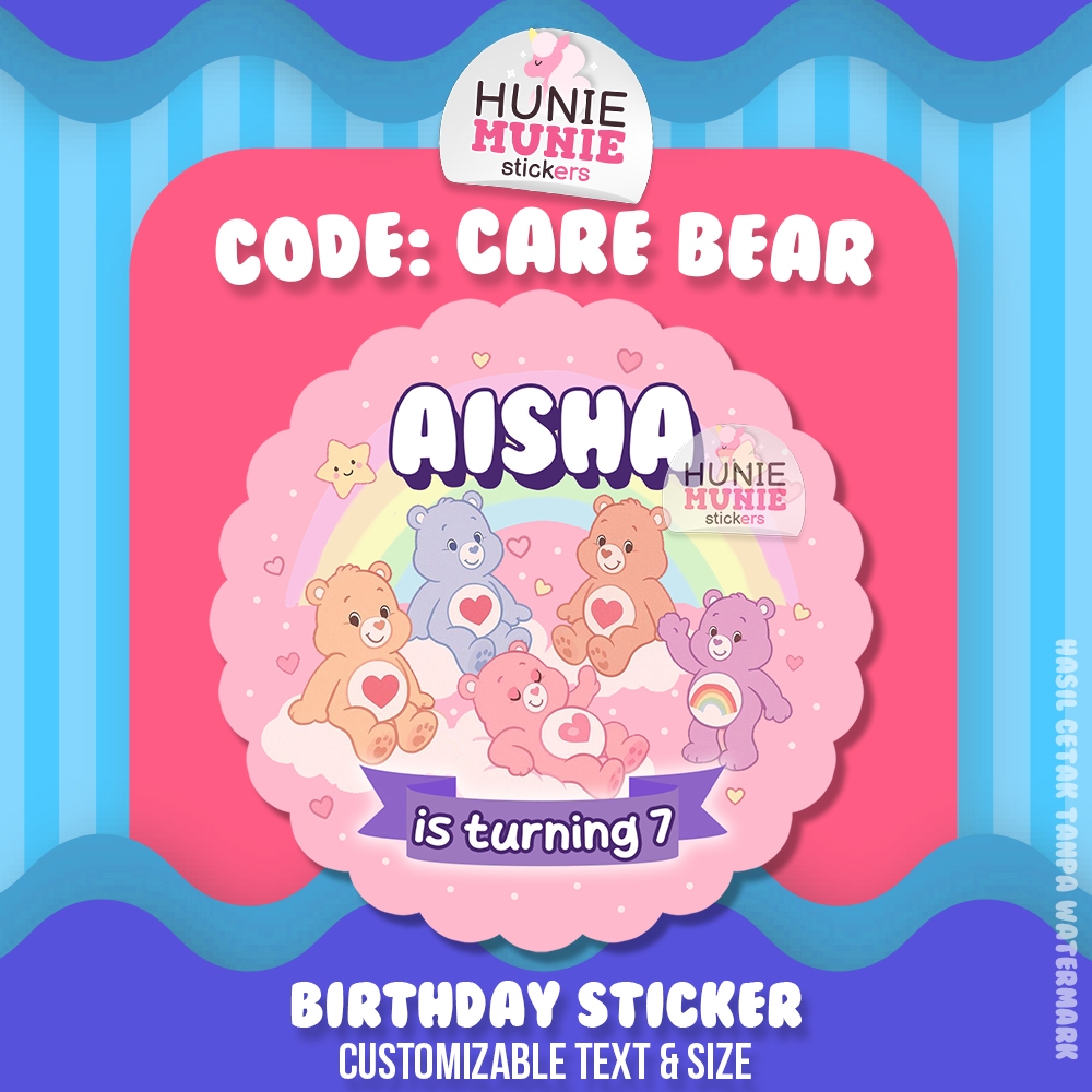 Sticker Birthday Custom - Care Bears (20pcs) Stiker Ulang Tahun Care Bear Beruang