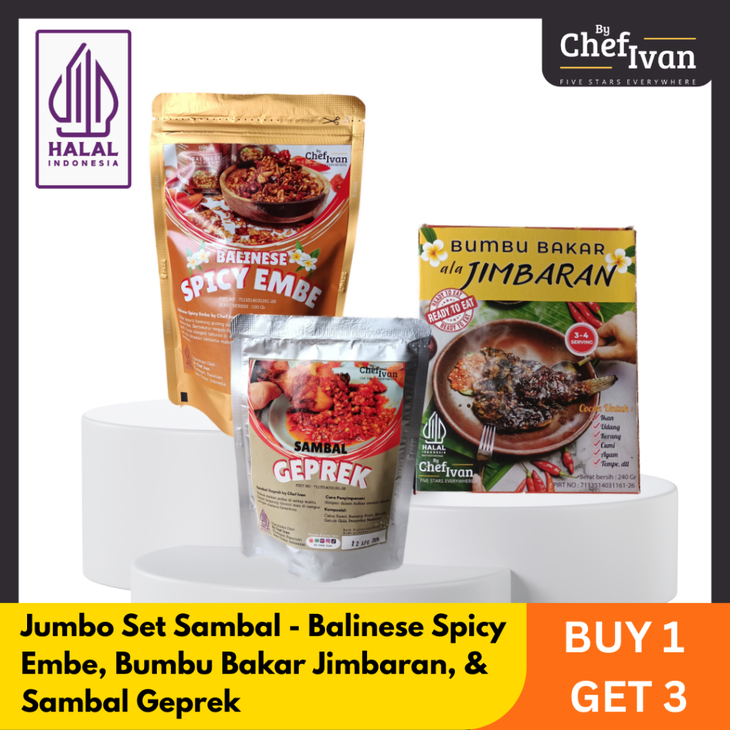 

Jumbo Set Sambal Geprek Sambel Bawang dan Bumbu Ikan Bakar Instan Indonesian Heritage by Chef Ivan