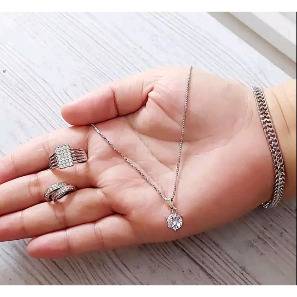 set perhiasan titanium permata silver asli