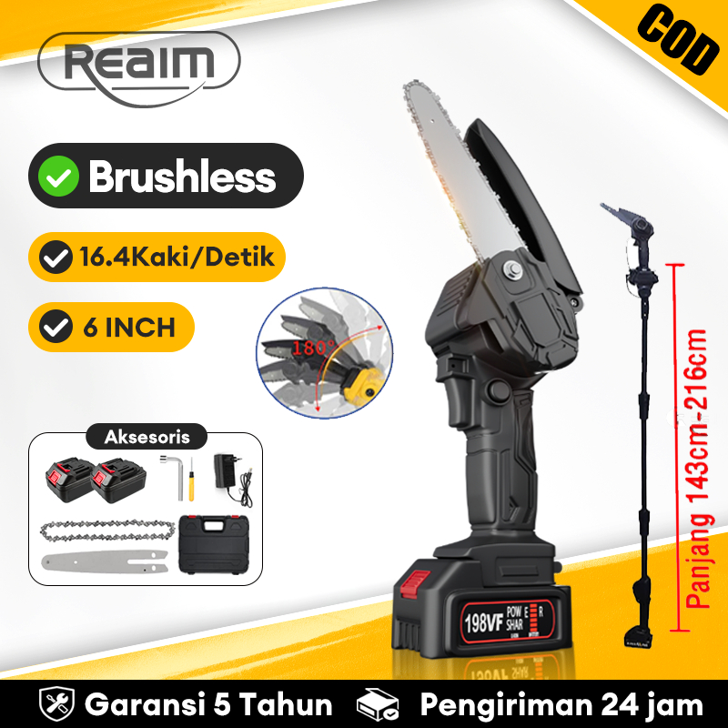 REAIM Chainsaw mini 6 Inch Chainsaw Chain Saw Cordless 2 baterai 8Inch Chainsaw Cordless Chainsaw Ge