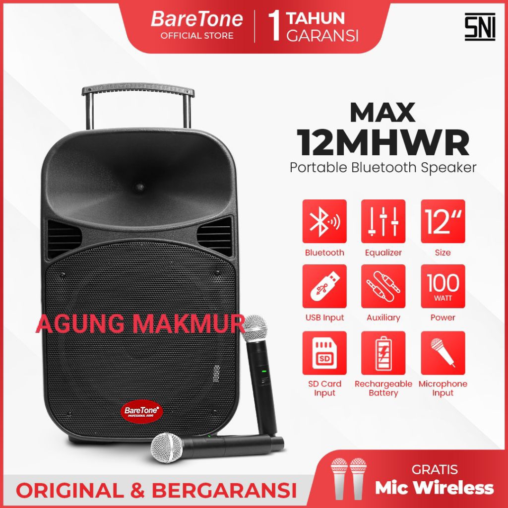 Speaker Portable Wireless Baretone Max12mhwr Free 2 Mic Original - Spiker Baretone Max12mhwr 12inch 