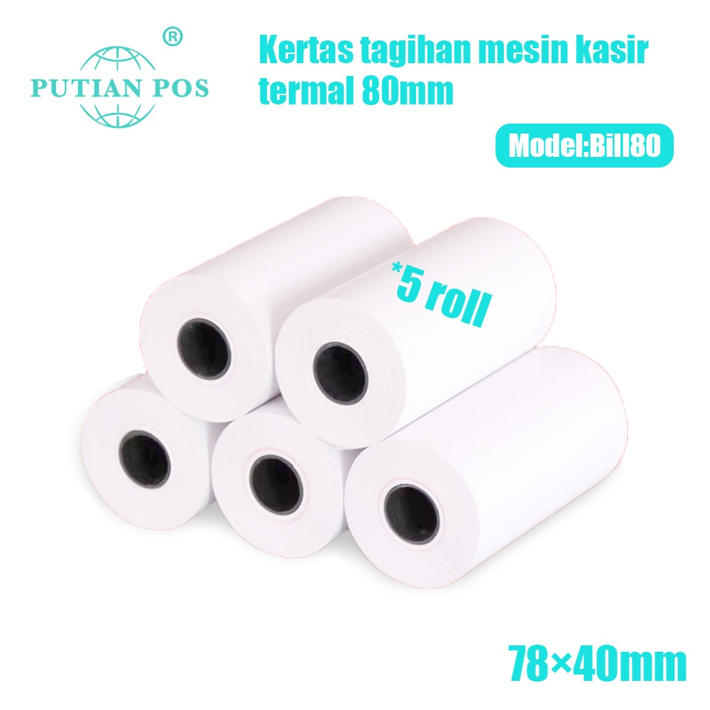 

Gulungan kertas termal PUTIAN POS78× 40mm, 5 Roll / 10 Roll / 15 Roll / 20 Roll