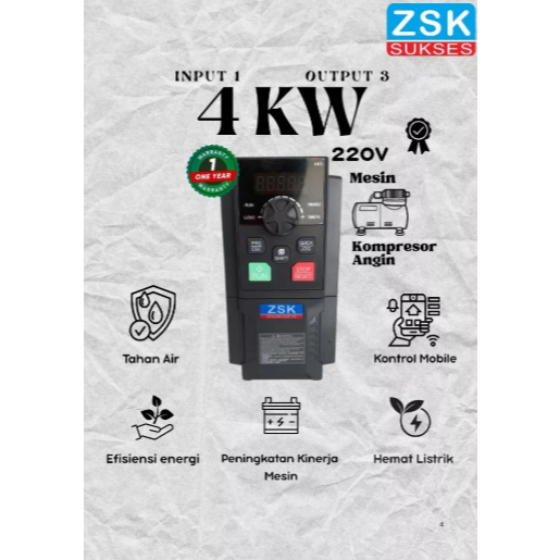 Inverter VFD ZSK 4 KW Input 1 phase Output 3 phase 220V