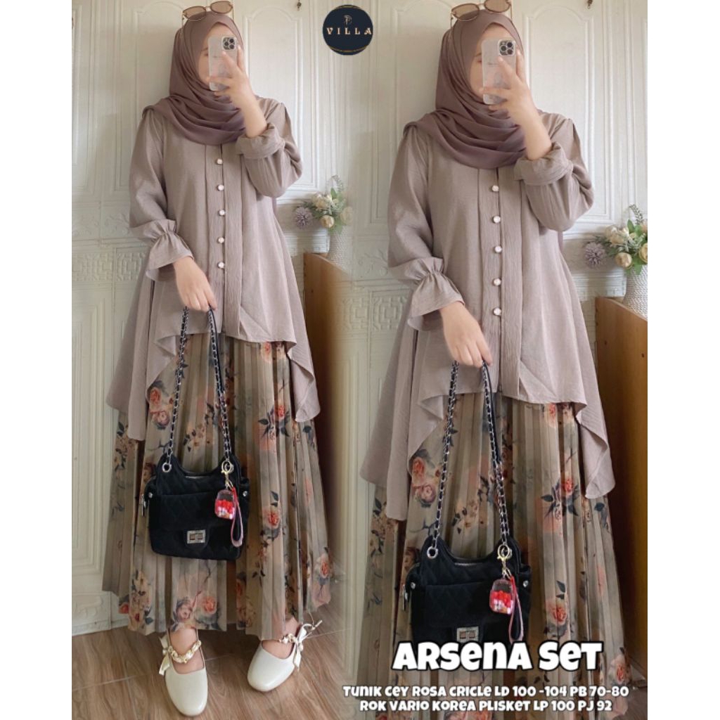 Arsena set ori villa / setelan wanita long tunik dan rok plisket / set baju remaja wanita