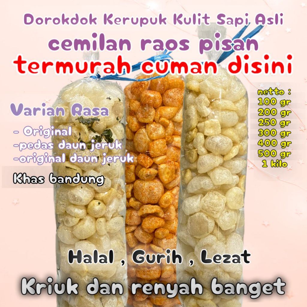 

jajanan keknian Cemilan Kerupuk Kulit Sapi Asli 1 Bal Dorokdok Rambak Gurih Rasa Original Pedas