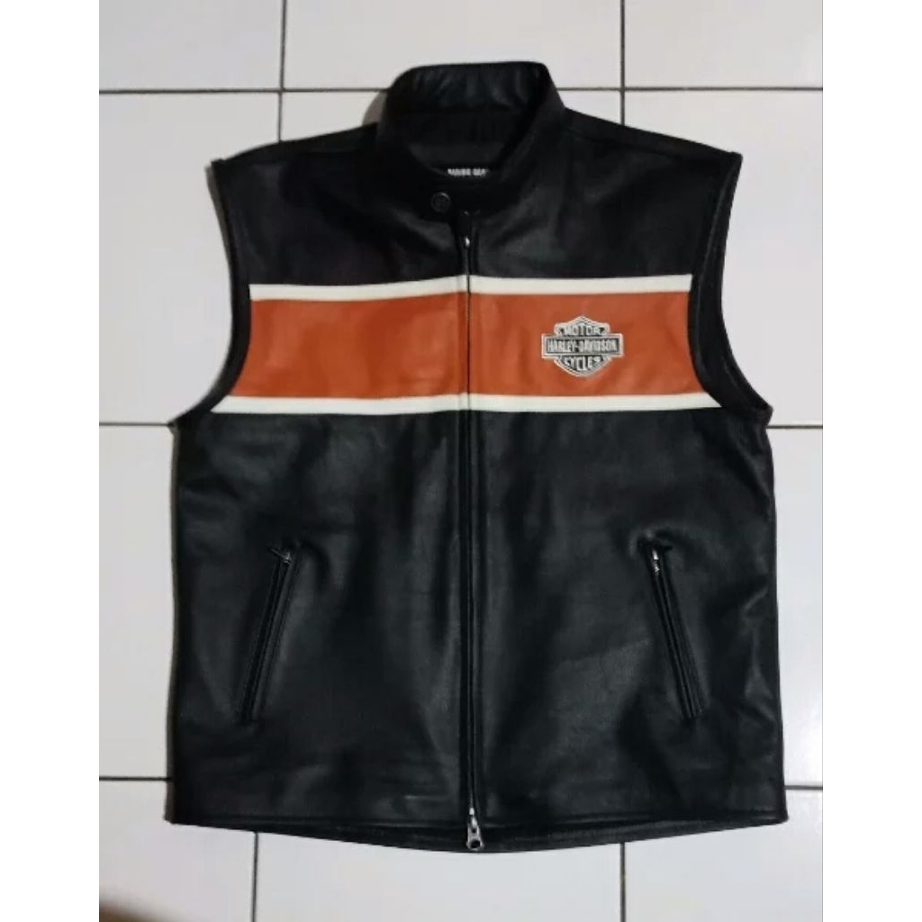 rompi kulit Harley Davidson vest kulit, rompi bikers