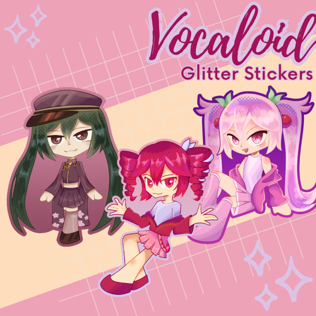 

Fanmerch vinyl sticker glitter vocaloid synthv (hatsune miku, kasane teto)