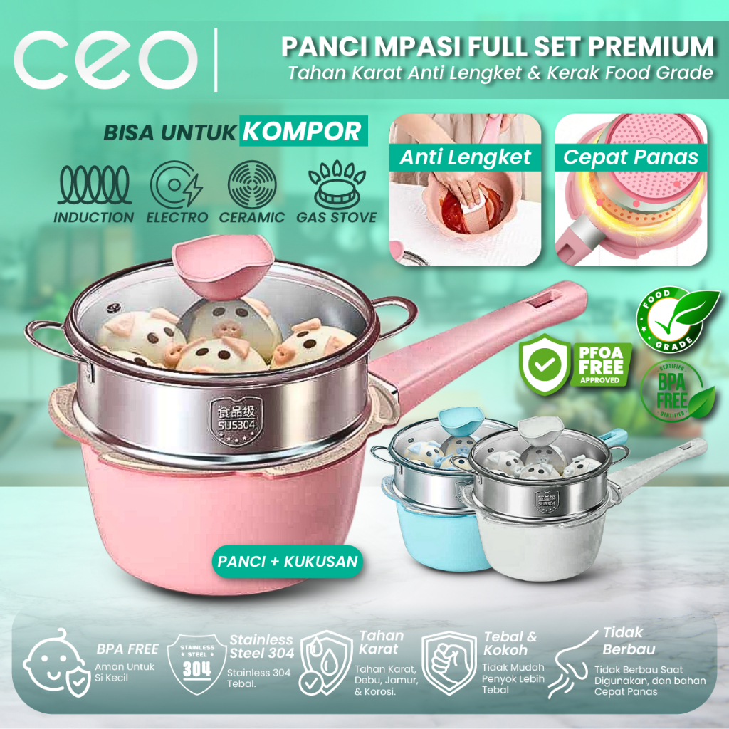 CEO Panci Susu dan Steamer Kukusan Set Masak Mpasi Bayi Peralatan Makan Baby Teflon Coating Granit