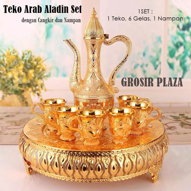 Teko Arab Aladin Set 8Pcs Gold dengan Cangkir dan Nampan Warna Emas Ornament / Set Gelas Anggur Kend