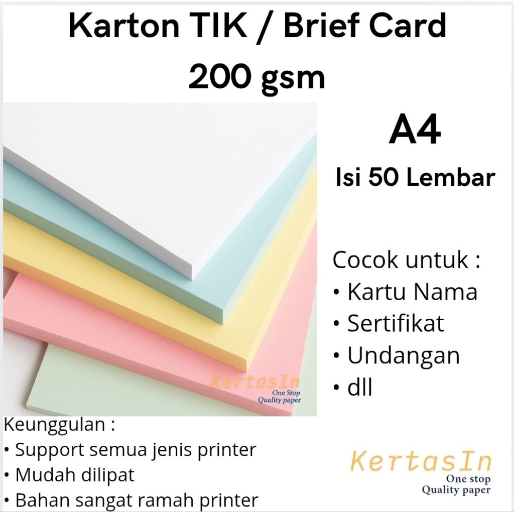 

Karton TIK / Brief Card 200 gsm A4 Isi 50 Lembar Warna Pastel – Karton Manila / Brief Card Tebal - Cocok Untuk Cover, Undangan, Sertifikat dan Kartu Nama.