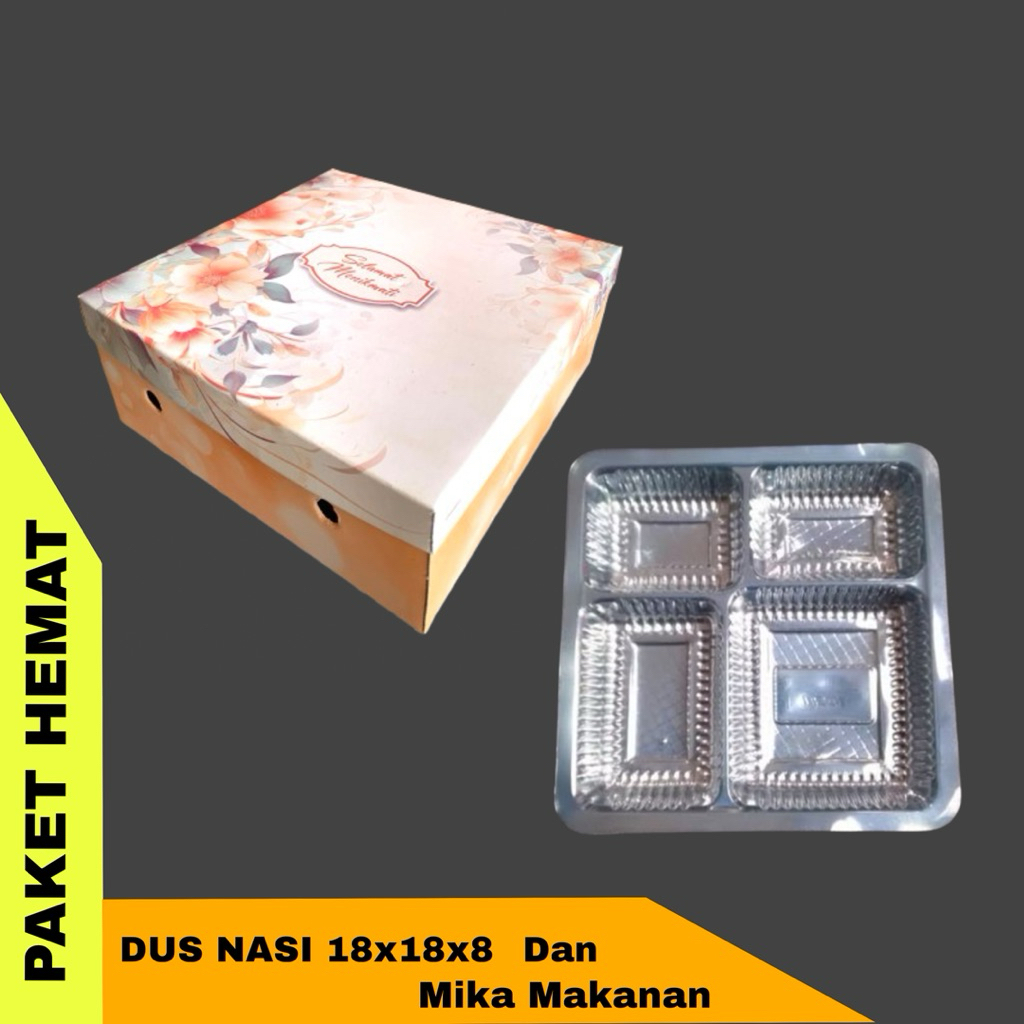 PAKET DUS NASI KOTAK DAN MIKA SEKAT 4 | KARDUS NASI UK 18x18x8 |