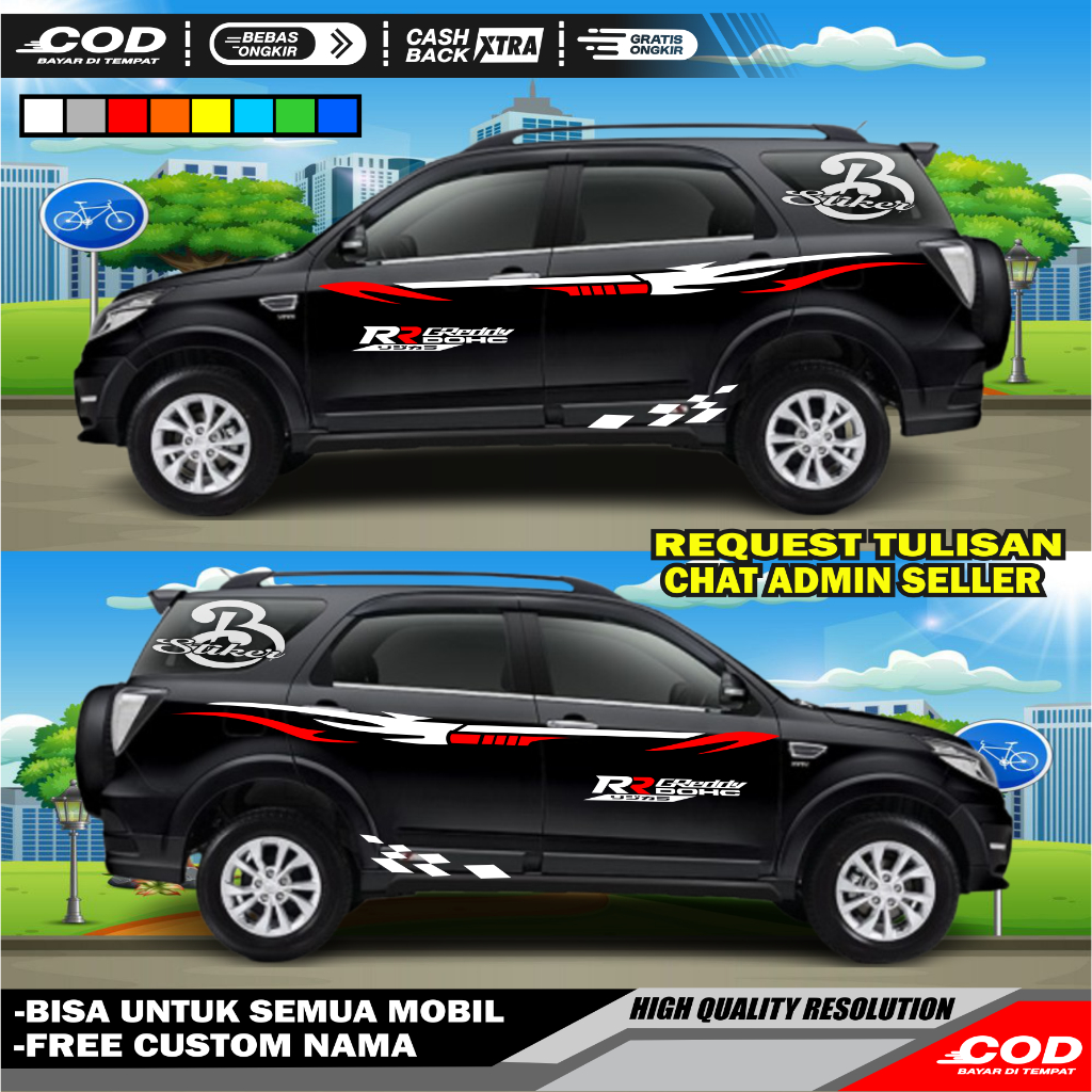 2 PCS KANAN-KIRI NEW STICKER MOBIL VARIASI STICKER  RUSH TERIOS AL 2016  BODY MOBIL VARIASI CUTTING 