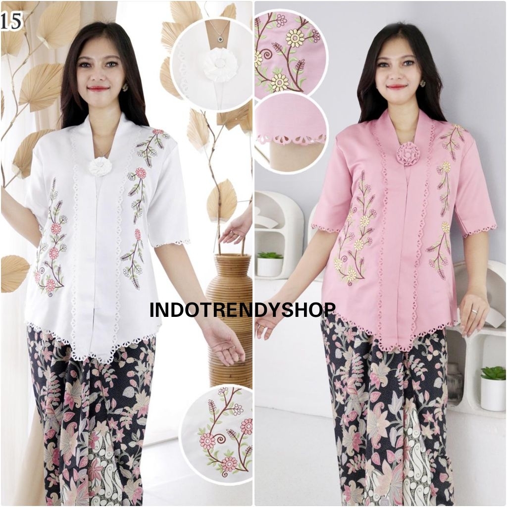 Atasan kebaya Encim Indonesia dengan aplikasi laser bordir bunga2 lengan pendek bahan katun Balotell