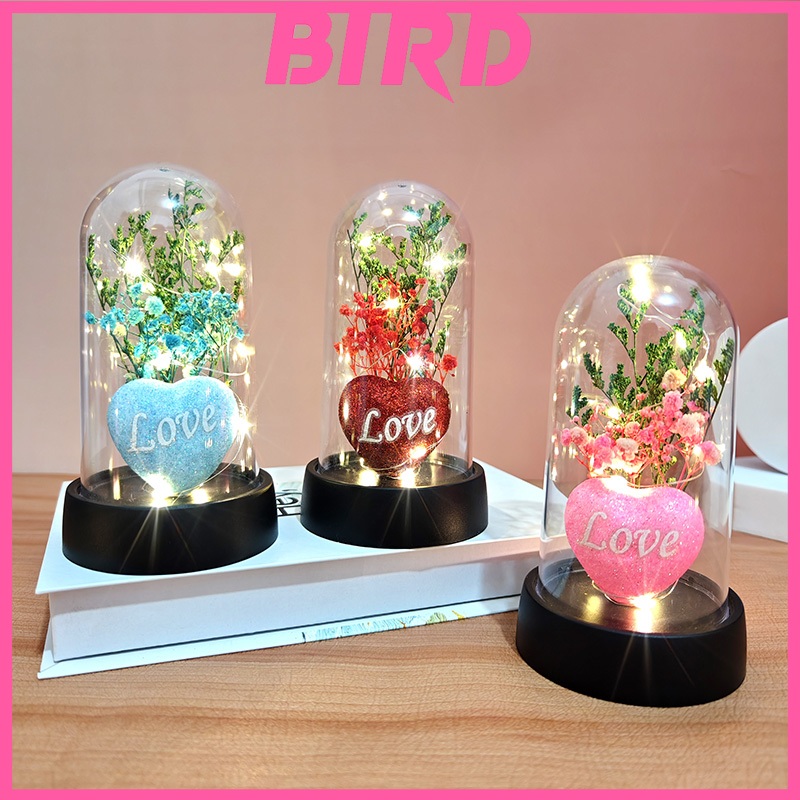 BirdToys Lampu LED Love Bunga Abadi dalam Kaca Dome Hadiah GLass Rose Lampu