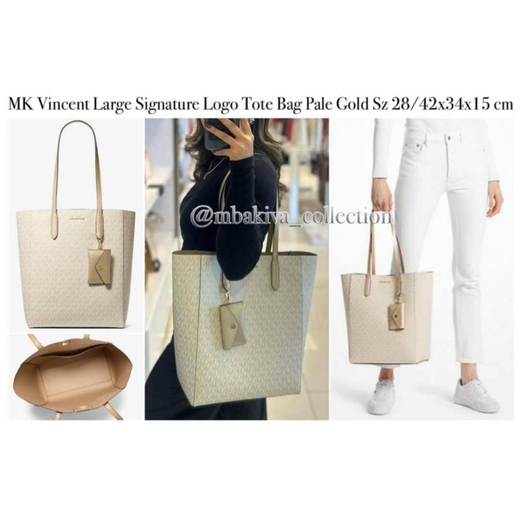 MK Vincent Large Signature Logo Tote Bag Pale Gold