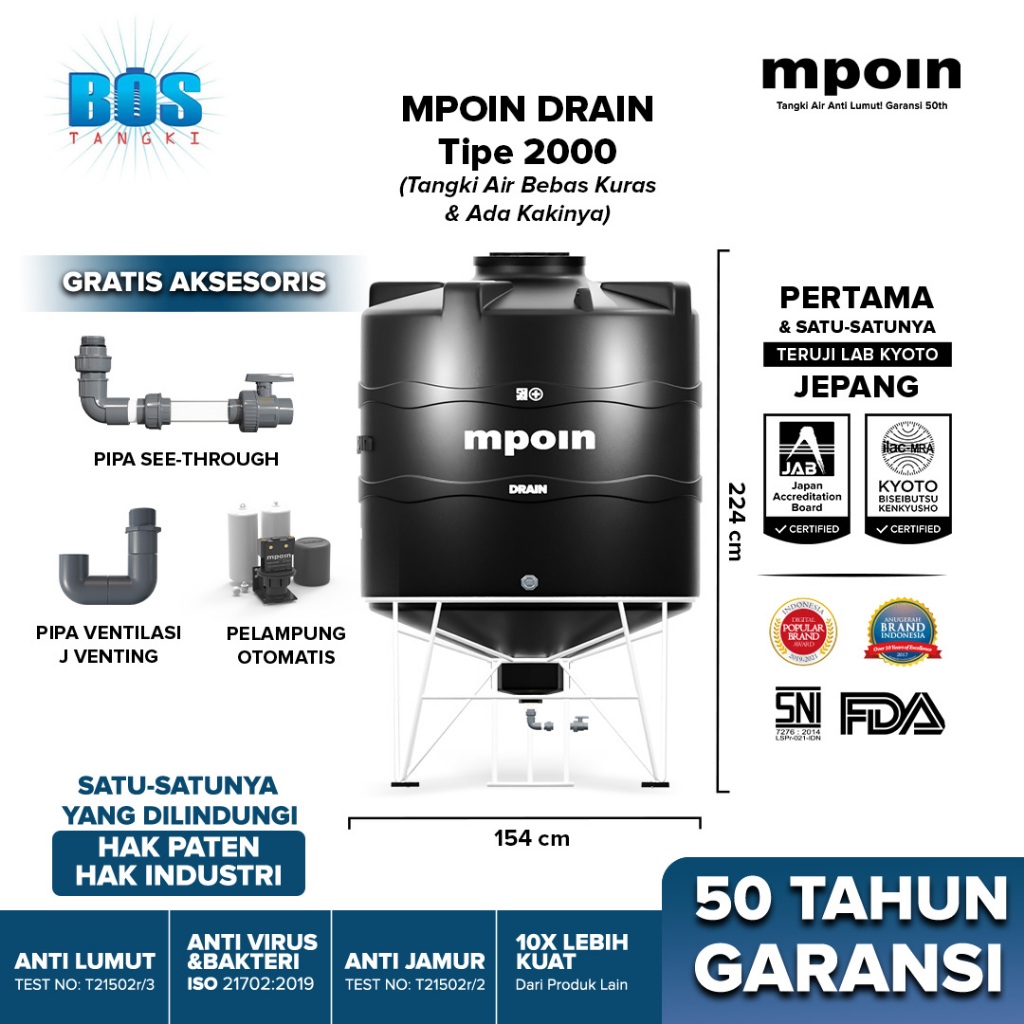Tangki Air MPOIN PLUS 2000 Liter DRAIN - Toren Air - Tandon Air