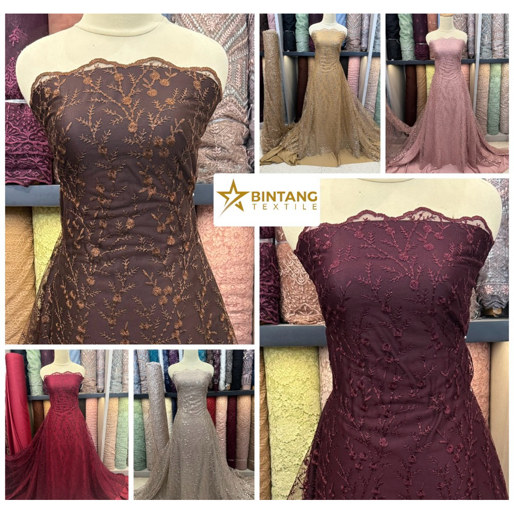 Kain tile brokat bordir Rosa Premium / bahan gamis tunik kebaya atasan