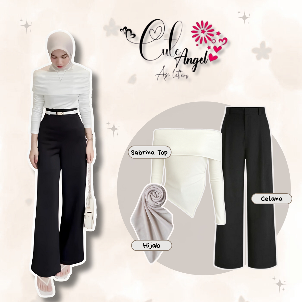 One Set 3in1 Sabrina Top Hijab ( Sabrina + Bella Square + Celana Kulot Knit ) OOTD Korean Simple Can
