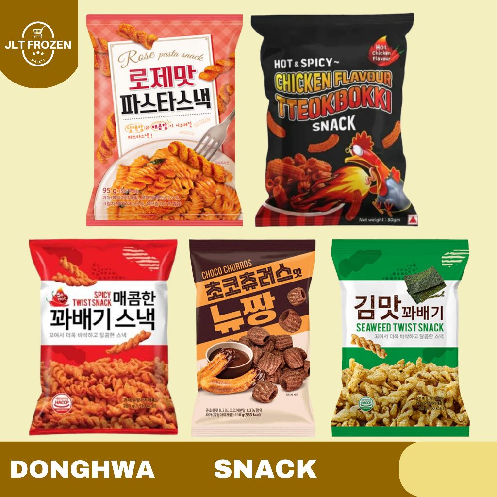 

Donghwa Snack Import Korea / Seaweed Twist Snack - 140g / Spicy Twist Snack - 140g / Choco Churos Snack - 110g / Rose Pasta Snack - 95g / Hot Spicy Chicken Flavour Tteobokki Snack - 80g