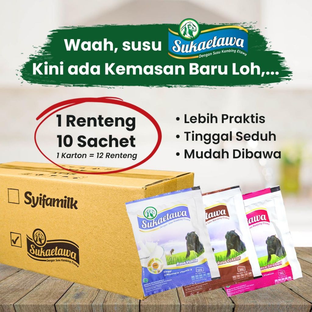

susu etawa coklat, strawberry dan vanila -1 pack isi 12 sachet-