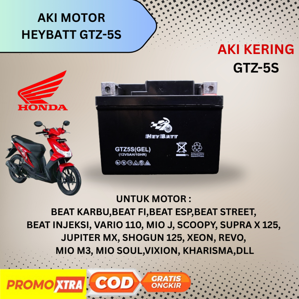 Aki Heybatt honda beat,vario 110,supra x 125 Aki kering Heybatt GTZ-5S (12V 5AH) Original Battery Be