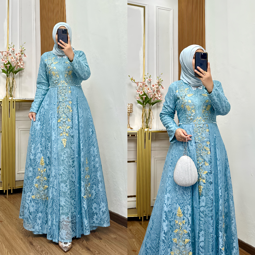 GAMIS SUPER BEST SELLER GAMIS BROKAT BORDIR MEWAH RESLETING DEPAN BUSUI FRIENDLY GAMIS PESTA
