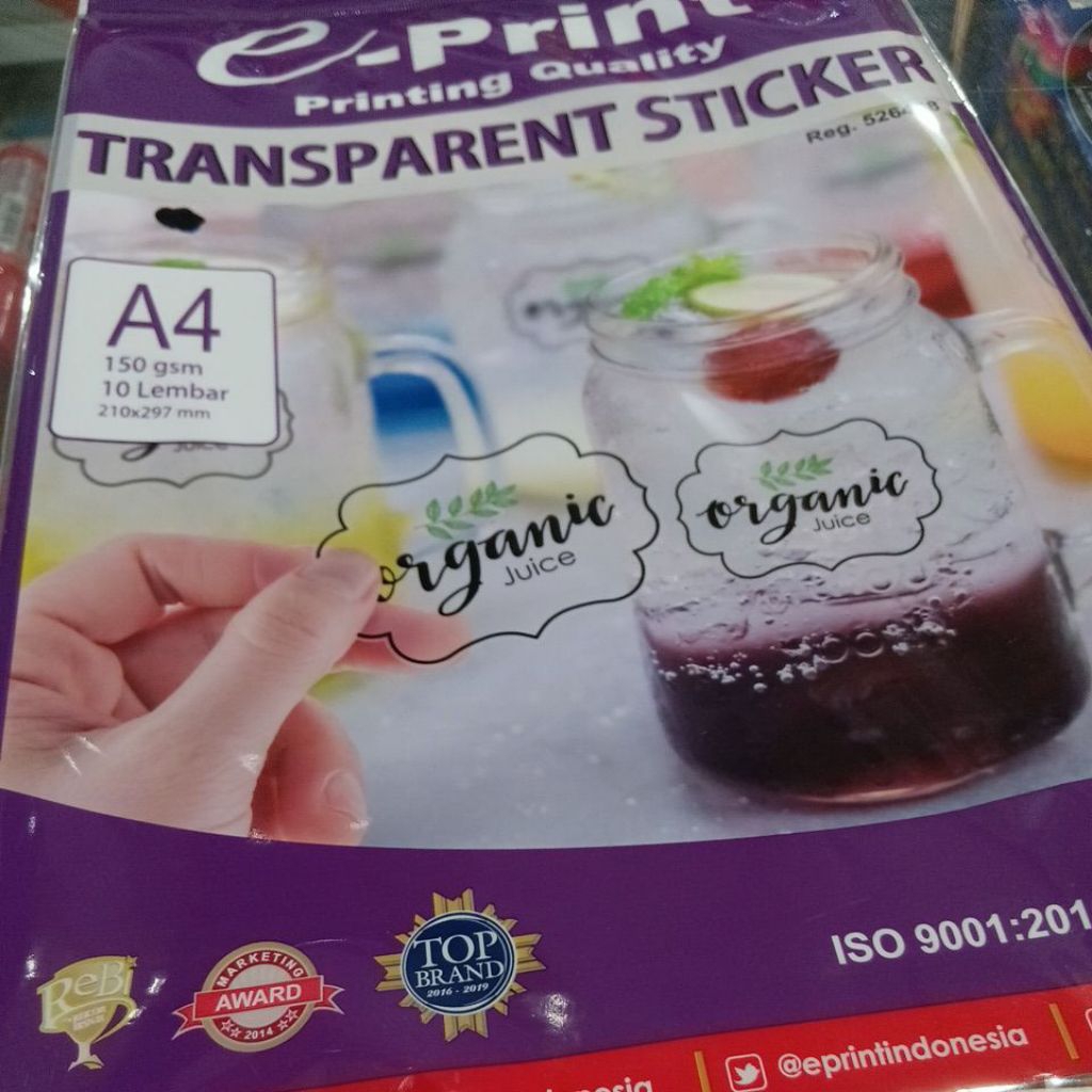 

Eprint printing quality transparent stiker A4 150 gr 10 lbr 210x297mm
