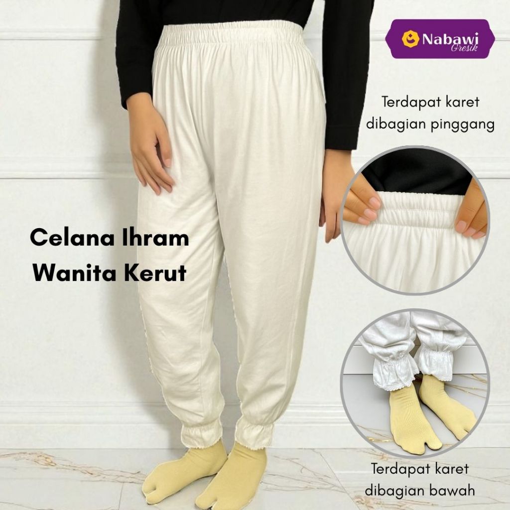 Celana Dalaman Kerut Wanita Katun Panjang Hitam Polos Perlengkapan Haji dan Umroh