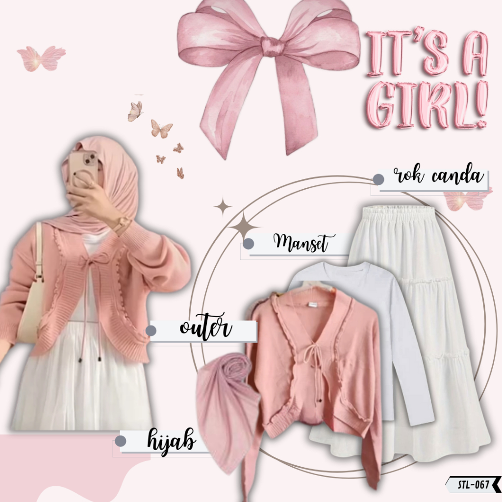 Setelan OOTD Pink Korean Style [Rok susun | Manset | Outer pevita | Hijab ]  Setelan Rok dan Atasan 