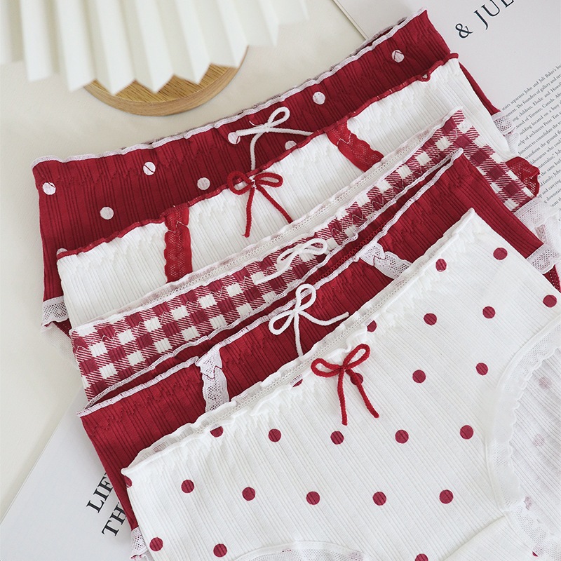 •Storeme.id• CD2143 Celana Dalam Renda Pita Merah Red Wanita ,Bahan Katun Jepang Menyerap Keringat