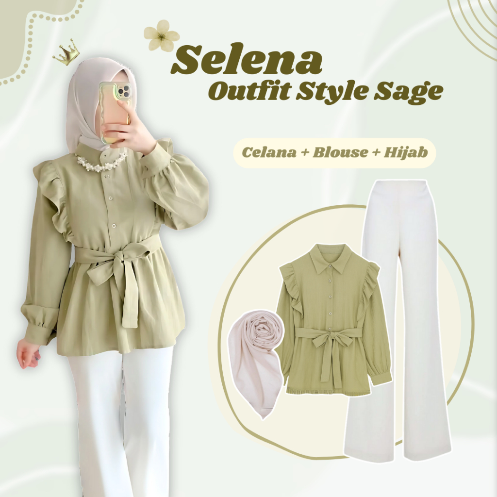 Outfit Wanita Kekinian Set Ootd Hijab (Celana Cutbray + Blouse Sage + Hijab Sand)Rok dan Atasan Kore