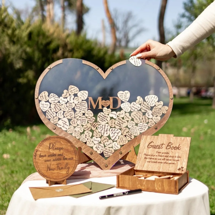Custom Frame Hati Guest book Heart Wedding Sign Love Acrylic Kartu Ucapan Lamaran Pernikahan Unik