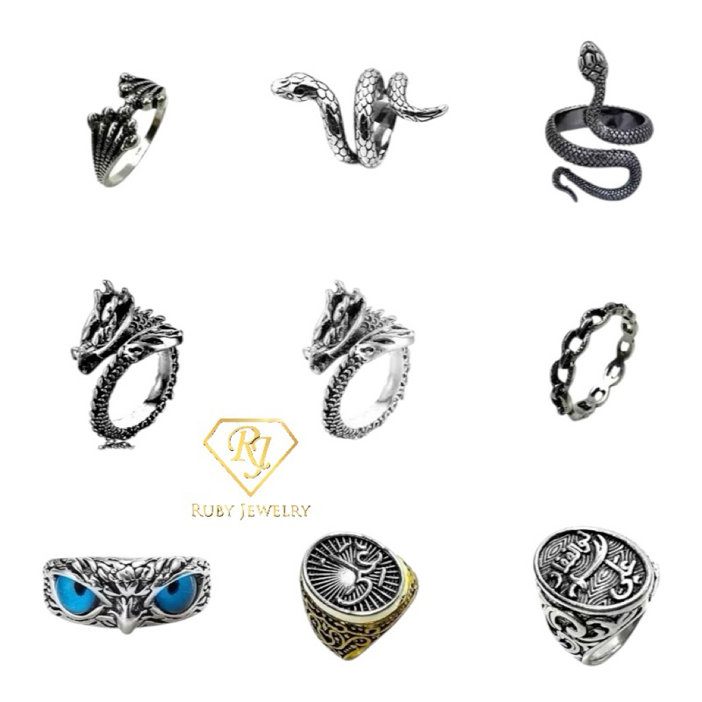 Cincin Pria Wanita Motif Snake Ular Perak Silver Hitam Korea