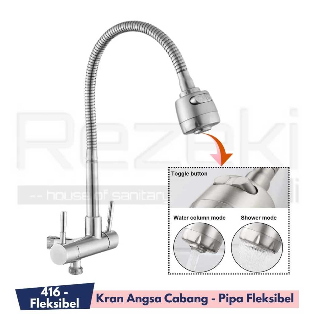 Kran Angsa Cabang 2 Sus304-416 / Kran Cuci Piring / Filter Air / Pipa Fleksibel