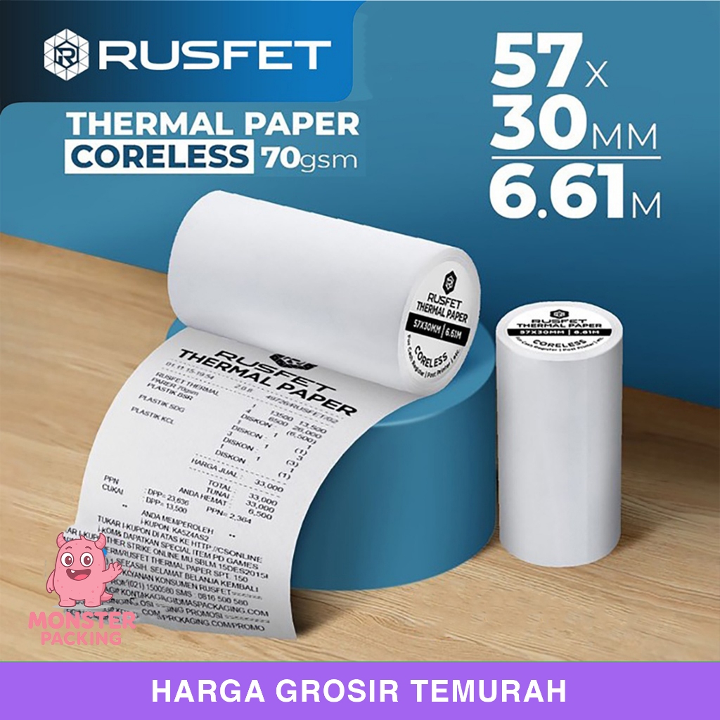 

Paper Thermal Kertas Termal Printer Struk Kasir Barcode RUSFET 57x30mm