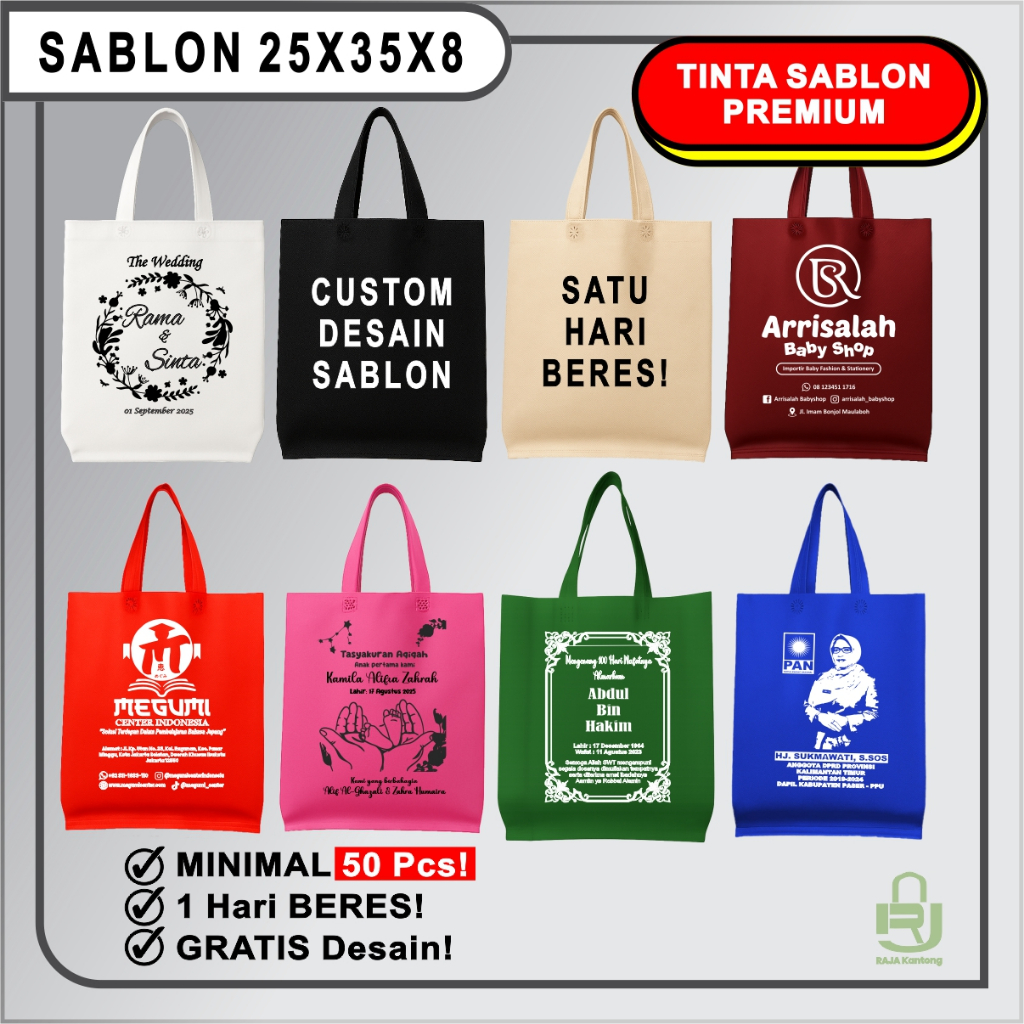 

Tas Spunbond 25X35x8 Tas spunbond sukuran nikahan seminar tas mengenang Goodybag 25X35x8 Model Tali lipat samping seminar