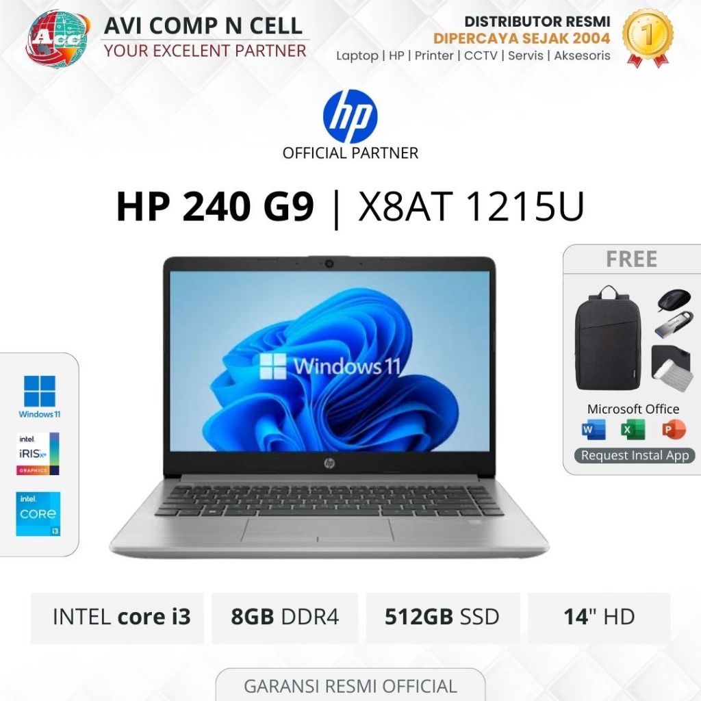 Laptop HP 240 G9 X8AT Silver - Intel Core i3 1215U - RAM 8GB SSD 512GB - Windows 11 - 14 Inch